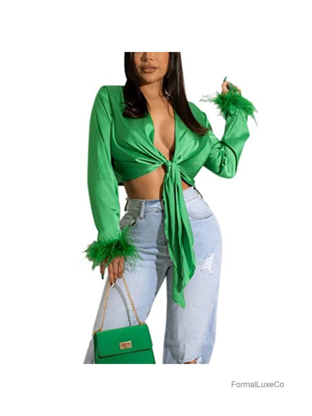 Women's Satin Blouse Deep V Neck Crop Top Long Sleeve Bow Tie Feather Trim